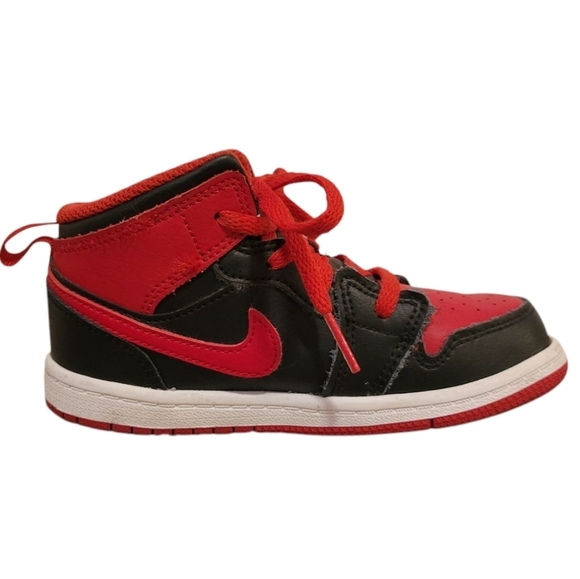 Nike Jordan 1 Mid Sneakers Shoes Red Black Toddler / Little Kid 10 C High Top - Picture 5 of 9